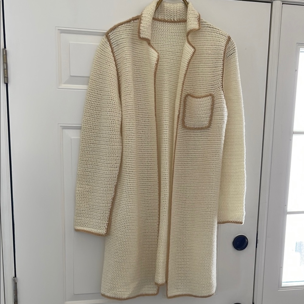 Cream Knit Long Cardigan with Tan Trim